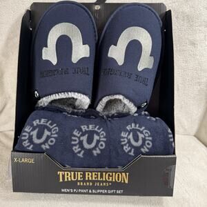 True Reigion NEW Pajamas PJ Pant & Slipper Gift Set Mens XL Blue/Silver Logo